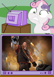 Size: 563x800 | Tagged: safe, sweetie belle, human, pony, robot, robot pony, unicorn, g4, exploitable meme, female, filly, floppy ears, foal, heavy (tf2), horn, lip bite, male, mann vs machine, sweetie bot, team fortress 2, teeth, tv meme