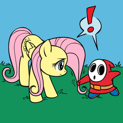 Size: 894x894 | Tagged: safe, artist:dispozition, artist:megasweet, fluttershy, pegasus, pony, shy guy, g4, crossover, exclamation point, female, fluttershy guy, mare, nintendo, super mario bros.