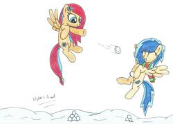 Size: 6654x4800 | Tagged: safe, artist:ulyssesgrant, oc, oc only, oc:blueberry blitz, oc:ion, pegasus, pony, g4, absurd resolution, clothes, happy, scarf, snow, snowball, snowball fight, traditional art, winter