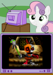 Size: 564x800 | Tagged: safe, sweetie belle, pony, robot, robot pony, unicorn, g4, banjo kazooie, exploitable meme, female, filly, foal, horn, mingy jongo, sweetie bot, tv meme