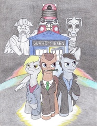 Size: 844x1092 | Tagged: safe, artist:sirartemisderpington, derpy hooves, doctor whooves, time turner, cyber pony, cyberman, cyborg, pegasus, pony, g4, crossover, dalek, doctor who, female, jack harkness, mare, ponified, tardis, weeping angel