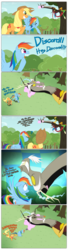 Size: 1280x4709 | Tagged: safe, artist:grievousfan, applejack, discord, rainbow dash, draconequus, earth pony, pegasus, pony, g4, comic, eye contact, female, grin, laughing, looking at each other, male, mare, nap, pouting, pun, question mark, smiling, tree