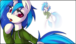 Size: 900x517 | Tagged: safe, artist:grumblepluck, edit, dj pon-3, vinyl scratch, pony, unicorn, g4, bipedal, blushing, clothes, female, hoodie, horn, mare, panties, solo, tongue out, underwear, zoom layer