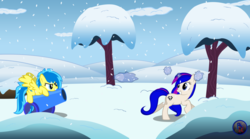 Size: 1200x665 | Tagged: safe, artist:mlpblueray, oc, oc only, oc:blueberry blitz, pegasus, pony, unicorn, cannon, snow, snowball, snowball fight, snowfall, winter