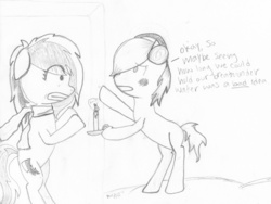 Size: 1463x1098 | Tagged: safe, artist:serendipityducky, oc, oc only, oc:blueberry blitz, oc:ducky, earth pony, pegasus, pony, candle, clothes, grayscale, monochrome, scarf, sketch, traditional art
