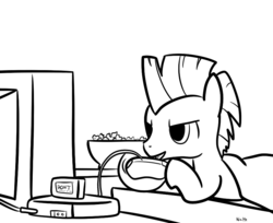 Size: 871x709 | Tagged: safe, artist:nasse, thunderlane, pony, g4, bed, male, monochrome, solo, television, video game