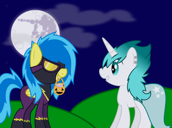 Size: 4297x3200 | Tagged: safe, artist:blueblitzie, oc, oc only, oc:snowbeat, pegasus, pony, unicorn, bucket, clothes, costume, mare in the moon, moon, mouth hold, night, nightmare night, pumpkin bucket, shadowbolts, shadowbolts costume, trick or treat