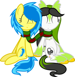 Size: 4221x4308 | Tagged: safe, artist:blueblitzie, oc, oc only, oc:blueberry blitz, oc:stormberry, pegasus, pony, absurd resolution, clothes, happy, scarf, shared clothing, shared scarf, simple background, transparent background, unshorn fetlocks