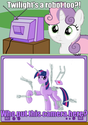 Size: 564x800 | Tagged: safe, sweetie belle, twilight sparkle, pony, robot, robot pony, unicorn, g4, cutie mark, exploitable meme, female, filly, foal, hooves, horn, mare, over 9000 hours in photoscape, raised hoof, sweetie bot, text, tv meme