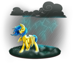 Size: 980x842 | Tagged: safe, artist:jimmab, oc, oc only, oc:blueberry blitz, pegasus, pony, cloud, lightning, rain, smiling, solo, storm, wind