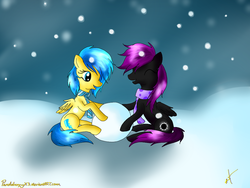 Size: 1000x750 | Tagged: safe, artist:pandaberryx3, oc, oc only, oc:blueberry blitz, pegasus, pony, clothes, eclipse, scarf, snow, snowfall