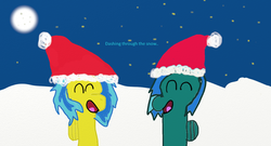 Size: 1366x738 | Tagged: safe, artist:hickoryblue, oc, oc only, oc:blueberry blitz, pegasus, pony, carol, caroling, christmas carol, hat, moon, night, santa hat, singing, snow