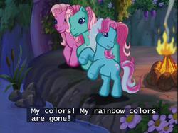 Size: 640x480 | Tagged: safe, screencap, minty, pinkie pie (g3), rainbow dash (g3), g3, the runaway rainbow, colors, faded, pink dash, rearing, river, subtitles