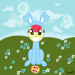 Size: 1250x1250 | Tagged: safe, artist:phoenixdash, apple bloom, g4, bunny bloom, bunny costume, clothes, easter, easter egg, flower, smiling