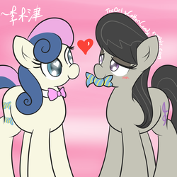 Size: 2000x2000 | Tagged: safe, artist:lightningnickel, bon bon, octavia melody, sweetie drops, earth pony, pony, g4, 30 minute art challenge, accessory swap, bowtie, female, heart, lesbian, mare, mouth hold, ship:bontavia, shipping