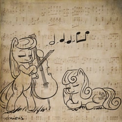 Size: 900x900 | Tagged: safe, artist:draneas, bon bon, octavia melody, sweetie drops, earth pony, pony, g4, 30 minute art challenge, bipedal, bontavia, cello, female, lesbian, mare, music, music notes, musical instrument, playing, sheet music