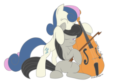 Size: 1280x853 | Tagged: dead source, safe, artist:barefootwalls, bon bon, octavia melody, sweetie drops, earth pony, pony, g4, 30 minute art challenge, bipedal, cello, female, lesbian, mare, musical instrument, ship:bontavia, shipping, simple background, transparent background