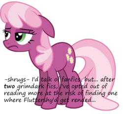 Size: 970x900 | Tagged: safe, cheerilee, earth pony, pony, g4, fanfic, female, floppy ears, insane pony thread, mare, simple background, solo, text, transparent background