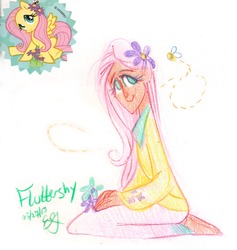 Size: 1280x1352 | Tagged: safe, artist:egriz, fluttershy, bee, bumblebee, human, g4, clothes, female, flattershy, flower, humanized, skinny, skirt, solo, thin, traditional art
