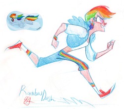 Size: 1280x1120 | Tagged: safe, artist:egriz, rainbow dash, human, g4, converse, female, humanized, running, shoes, skinny, solo, thin, traditional art, winged humanization