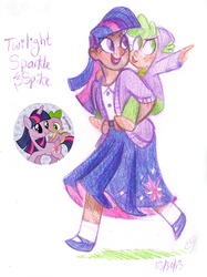 Size: 1280x1711 | Tagged: safe, artist:egriz, spike, twilight sparkle, human, g4, clothes, dark skin, hoodie, humanized, long skirt, looking at each other, piggyback ride, riding, simple background, skirt, spike riding twilight, traditional art, white background