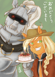 Size: 500x700 | Tagged: safe, artist:kaoriogata, apple bloom, applejack, g4, cake, crossover, fullmetal alchemist, fullmetal applejack, japanese