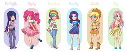 Size: 1280x526 | Tagged: safe, artist:moemai, applejack, fluttershy, pinkie pie, rainbow dash, rarity, twilight sparkle, human, g4, adonis belt, bandana, clothes, converse, dress, gloves, high heel boots, humanized, line-up, mane six, midriff, quill, shoes, skirt, sweater vest, tube top, winged shoes