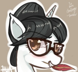 Size: 432x399 | Tagged: safe, artist:hua, raven, g4, 30 minute art challenge, feather, glasses, quill