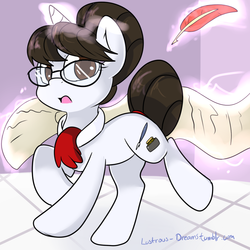 Size: 900x900 | Tagged: safe, artist:lustrous-dreams, raven, pony, unicorn, g4, 30 minute art challenge, female, glasses, glowing, glowing horn, horn, magic, magic aura, mare, quill, scroll, solo, telekinesis
