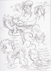 Size: 2368x3296 | Tagged: dead source, safe, artist:enigmaticfrustration, octavia melody, shady daze, soarin', oc, oc:ruby, oc:ruby (story of the blanks), earth pony, ghost, ghost pony, pegasus, pony, story of the blanks, g4, goggles, licking, offspring, parent:octavia melody, parent:soarin', parents:soartavia, pencil drawing, pie, shipping, sketch, sleeping, soartavia, speech bubble, that pony sure does love pies, traditional art