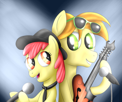 Size: 1600x1333 | Tagged: dead source, safe, apple bloom, mandopony, earth pony, pony, g4, female, filly, foal, glasses, harsher in hindsight, hat, looking at each other, looking at someone, male, microphone, musical instrument, stallion, this didn't age well
