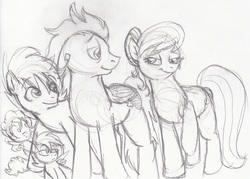 Size: 2376x1704 | Tagged: dead source, safe, artist:enigmaticfrustration, octavia melody, shady daze, soarin', oc, earth pony, pegasus, pony, g4, alternate hairstyle, colt, female, filly, male, mare, monochrome, offspring, older, parent:shady daze, parent:soarin', parents:soartavia, pencil drawing, shipping, sketch, soartavia, stallion, straight, traditional art
