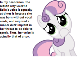 Size: 349x254 | Tagged: safe, sweetie belle, g4, headcanon, op is a duck, op is trying to start shit, palindrome get, rubber duck, rubber op, sad, text, wat