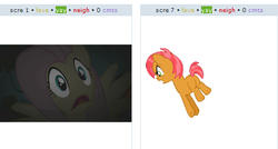 Size: 456x244 | Tagged: safe, babs seed, fluttershy, g4, exploitable meme, juxtaposition, juxtaposition win, scared