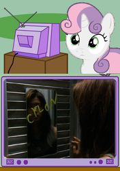 Size: 564x800 | Tagged: safe, sweetie belle, pony, robot, robot pony, unicorn, g4, battlestar galactica, boomer, cylon, exploitable meme, female, filly, foal, horn, sweetie bot, text, tomato in the mirror, tv meme