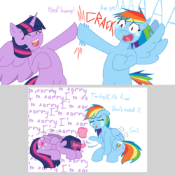 Size: 1072x1070 | Tagged: safe, artist:voltrathelively, rainbow dash, twilight sparkle, alicorn, pony, g4, bandage, crying, female, hoofbump, mare, twilight sparkle (alicorn)