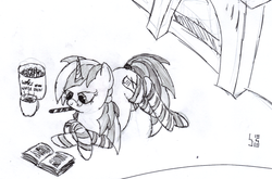 Size: 2179x1437 | Tagged: safe, artist:bamthand, oc, oc only, oc:scribble tale, pony, unicorn, clothes, fireplace, glasses, hot chocolate, reading, solo, stockings, traditional art, wafer sticks
