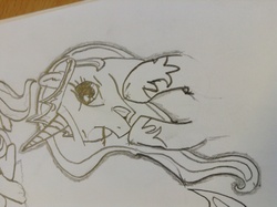 Size: 2592x1936 | Tagged: safe, artist:dassboshit, princess celestia, alicorn, pony, g4, bust, crown, female, hoof shoes, jewelry, mare, monochrome, one eye closed, open mouth, photo, regalia, sketch, smiling, solo, traditional art