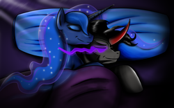 Size: 900x562 | Tagged: safe, artist:jamescorck, king sombra, princess luna, alicorn, pony, unicorn, g4, bed, female, lying down, lying on bed, male, on bed, ship:lumbra, shipping, sleeping, sleeping together, smiling, straight