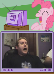 Size: 439x600 | Tagged: safe, pinkie pie, human, pony, g4, exploitable meme, laughing, mack, mack and mesh, meme, mesh, scared, tv meme