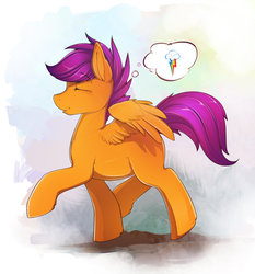 Size: 1000x1072 | Tagged: dead source, safe, artist:antiander, scootaloo, pegasus, pony, g4, feathered wings, female, mare, older, older scootaloo, partially open wings, pictogram, solo, thinking, thought bubble, walking, wings