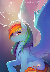 Size: 2125x3070 | Tagged: dead source, safe, artist:antiander, part of a set, rainbow dash, pegasus, pony, g4, beautiful, blushing, cloud, colored hooves, female, large wings, looking at you, mare, profile, sitting, solo, spread wings, wings