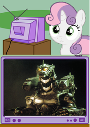 Size: 425x600 | Tagged: safe, sweetie belle, pony, robot, robot pony, unicorn, g4, exploitable meme, female, filly, foal, godzilla (series), hooves, horn, kiryu (godzilla series), mechagodzilla, sweetie bot, tv meme