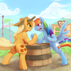Size: 3000x3000 | Tagged: safe, artist:masak9, artist:rigi, applejack, rainbow dash, earth pony, pegasus, pony, fall weather friends, g4, angry, arm wrestling, blushing, butt, cloud, female, hat, high res, hoofwrestle, iron pony, looking at each other, mare, open mouth, pixiv, plot, scene interpretation, sky, sweat