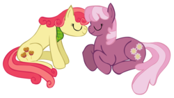 Size: 2140x1211 | Tagged: safe, artist:davroth, apple bumpkin, cheerilee, earth pony, pony, g4, apple family member, cheerikin, duo, duo female, female, lesbian, mare, shipping, simple background, transparent background