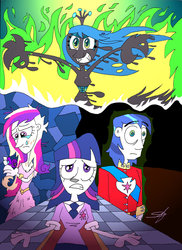 Size: 1024x1407 | Tagged: safe, artist:ringteam, princess cadance, queen chrysalis, shining armor, twilight sparkle, a canterlot wedding, g4, crying, fire, humanized, scene interpretation