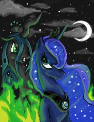 Size: 2550x3300 | Tagged: dead source, safe, artist:prothean290, princess luna, queen chrysalis, alicorn, changeling, changeling queen, pony, g4, crescent moon, female, night, transparent moon