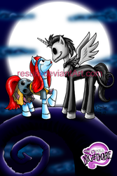 Size: 400x598 | Tagged: safe, artist:resuki, jack skellington, ponified, sally skellington, the nightmare before christmas