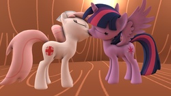 Size: 5120x2880 | Tagged: safe, artist:thefluttershyyay, nurse redheart, twilight sparkle, alicorn, earth pony, pony, g4, 3d, duo, female, french kiss, high res, kissing, lesbian, mare, shipping, source filmmaker, twiheart, twilight sparkle (alicorn), wingboner