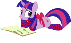 Size: 2738x1655 | Tagged: safe, artist:leopurofriki, twilight sparkle, pony, g4, book, bow, clothes, female, present, simple background, socks, solo, striped socks, thigh highs, transparent background